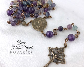 St. Cecilia Catholic Rosary- Fluorite, Amethyst, and Solid Bronze--St. Cecilia Handmade--Catholic Rosary--Musician Rosary