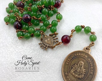 Seven Sorrows of Mary - Servite Catholic Rosary in Solid Bronze - Jade - Glass - Our Lady of Sorrows Chaplet Catholic Handmade Christmas