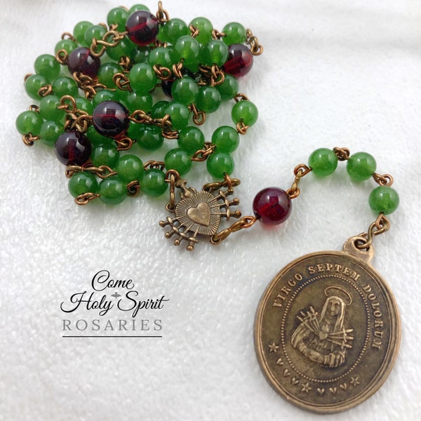 Seven Sorrows of Mary - Servite Catholic Rosary in Solid Bronze - Jade - Glass - Our Lady of Sorrows Chaplet Catholic Handmade Christmas