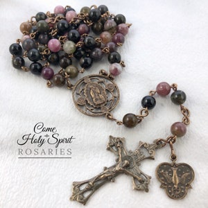 Our Lady of Guadalupe Catholic Rosary with Tourmaline and Solid Bronze--Custom-Handmade--Catholic Rosary Holy Spirit
