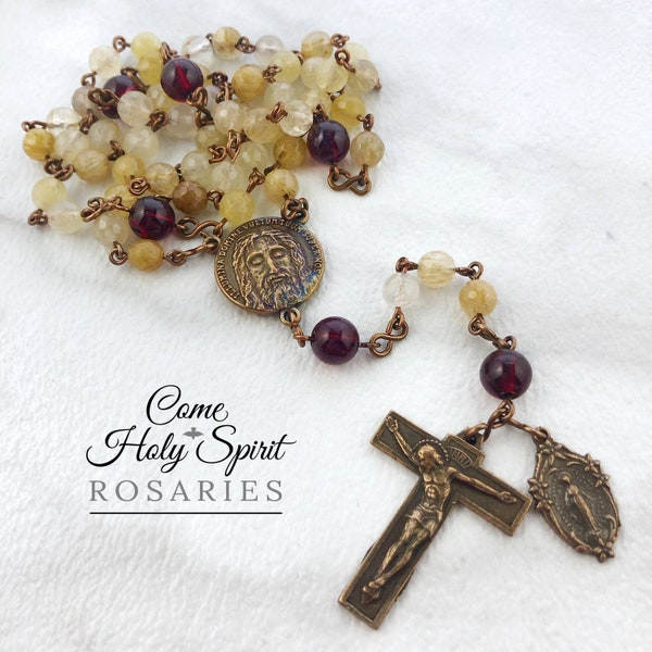 Holy Face Handmade Catholic Rosary in Rutilated Quartz, Glass, and Solid Bronze--Custom-Handmade--Catholic Rosary Miraculous Medal