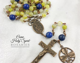 Sts. Patrick & Bridget Catholic Rosary- Jade, Lapis, and Solid Bronze- Custom-Handmade-Catholic Rosary--St. Patrick Irish Trinity Bridget