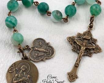 Handmade Catholic St. John the Baptist - Holy Spirit Pocket Rosary in Solid Bronze and Semi Precious Beads - Christmas Inspired