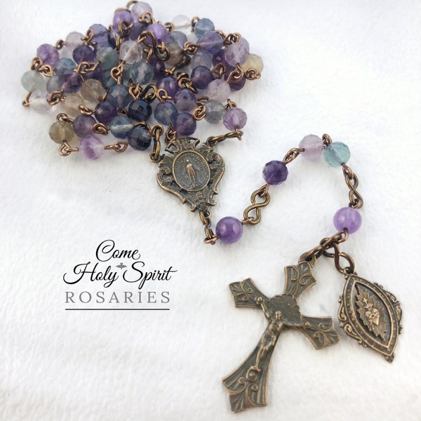 Miraculous Medal Catholic Rosary in Solid Bronze - Fluorite - Amethyst - Handmade Catholic Rosary- Blessed Mother -Sacred Heart of Jesus