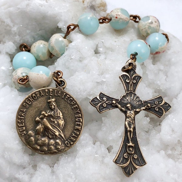 Our Lady of La Leche Pocket Rosary in Imperial Jasper and Solid Bronze-Catholic Rosary--Motherhood Rosary