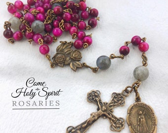 St. Maria Goretti Catholic Rosary in Pink Tiger Eye, Labradorite, and Solid Bronze--Handmade--Catholic Rosary- Miraculous Medal