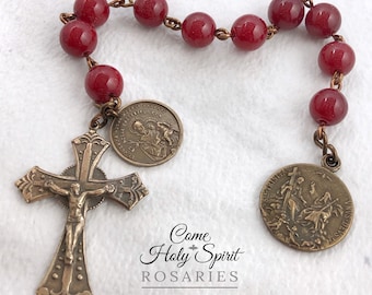 Handmade Catholic Holy Trinity - St. Joseph Pocket Rosary in Solid Bronze and Semi Precious Beads - Christmas Inspired