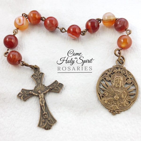 Sacred Heart of Jesus Catholic Pocket Rosary in Agate, Solid Bronze-Catholic Rosary-Handmade Immaculate Heart