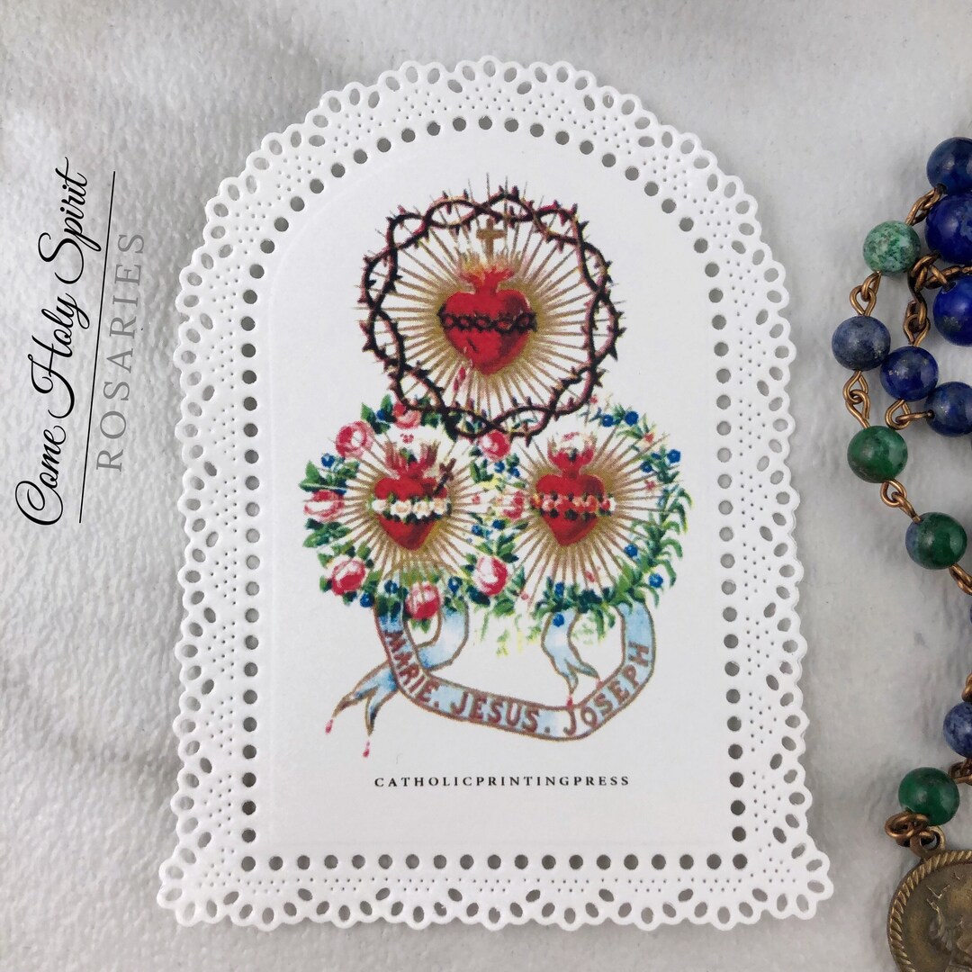 Holy Family Hearts Paper Lace Holy Card handpressed Sacred Heart of
