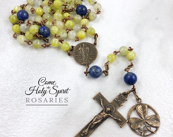 St. Patrick Catholic Rosary- Jade, Lapis, and Solid Bronze- Custom-Handmade-Catholic Rosary--St. Patrick Irish Trinity