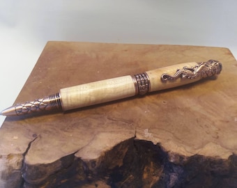 Figured Maple Dragon Themed Ballpoint Pen in Antique Copper