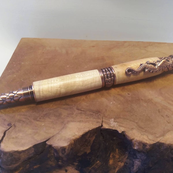 Figured Maple Dragon Themed Ballpoint Pen in Antique Copper