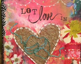 Mixed Media Art, 5x7 canvas, Original art, Whimsical Art, Collage art, Bright colors, patterns, Heart, Love, Gift for Her, Pink, Gold,