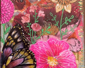 Mixed Media Art, 5x7 canvas, Original art, Whimsical Art, Collage art, Bright colors, patterns, Butterfly, Garden, Flowers, Gift for Her