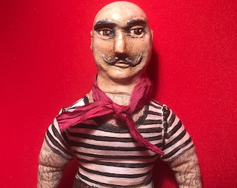 muñeca de arte, uno de una clase, hecho a mano, coleccionable, macho, tela, arcilla, estilo vintage, argyle, ooak, regalo para ella, regalo para él, italiano, gondolero, original