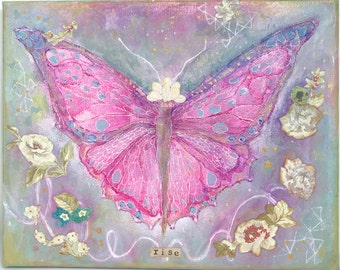 Arte de medios mixtos, original, collage, 8x10, lienzo, pintura, mariposa, suave, multicolores, decoración de la pared, afirmación