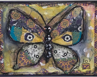 Arte de medios mixtos, alegría, original, collage, 5x7, lienzo, caprichoso, mariposa, brillante, multicolores, arte infantil, decoración de la habitación del niño