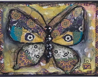 Mixed Media art, Joy, original, collage, 5x7, canvas, whimsical , butterfly, bright, multi colors, children's art, kid's room decor