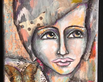 arte de técnica mixta, retrato, 5x7, lienzo, arte caprichoso, chica peculiar, regalo para ella,