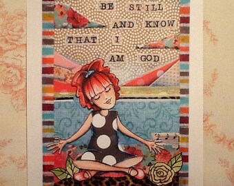 espiritual arte, arte mixta, arte de inspiración cristiana, whimsical arte, arte infantil, redhaired chica, vestido de lunares, Psalm46, 5 x 7, 8 x 10
