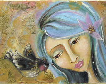 Art print, whimsical art, girl,bird ,Kindred Spirits, mixed media art, 5x7