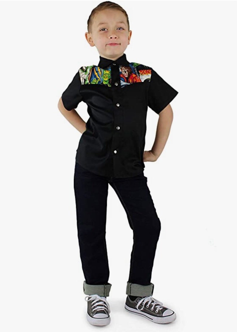 New Vintage Boys Clothing and Costumes     Boys Monster Button down Tee Boys Rockabilly Dress Tee Kids Button Down Tee Monster Shirt Vintage Tee $22.00 AT vintagedancer.com