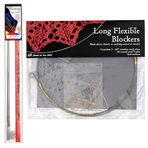 May include: A set of long flexible blockers for knitting and crocheting. The set includes three 60-inch stainless steel wires, 30 coated steel T-pins, and instructions. Made in the USA.