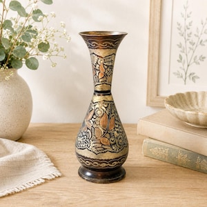 Copper Vase Floral Etched, Vintage Hand Engraved Indian, Mid Century Modern MCM Home Decor