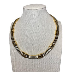 Vintage Panel Torque Choker Necklace | Silver & Gold Tone Metal | Retro Statement Jewellery