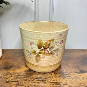 May include: A beige ceramic plant pot with a floral design. The pot has a light brown base and a cream-coloured upper section. The floral design includes green and brown leaves with small pink flowers. The pot is cylindrical and sits on a wooden surface.