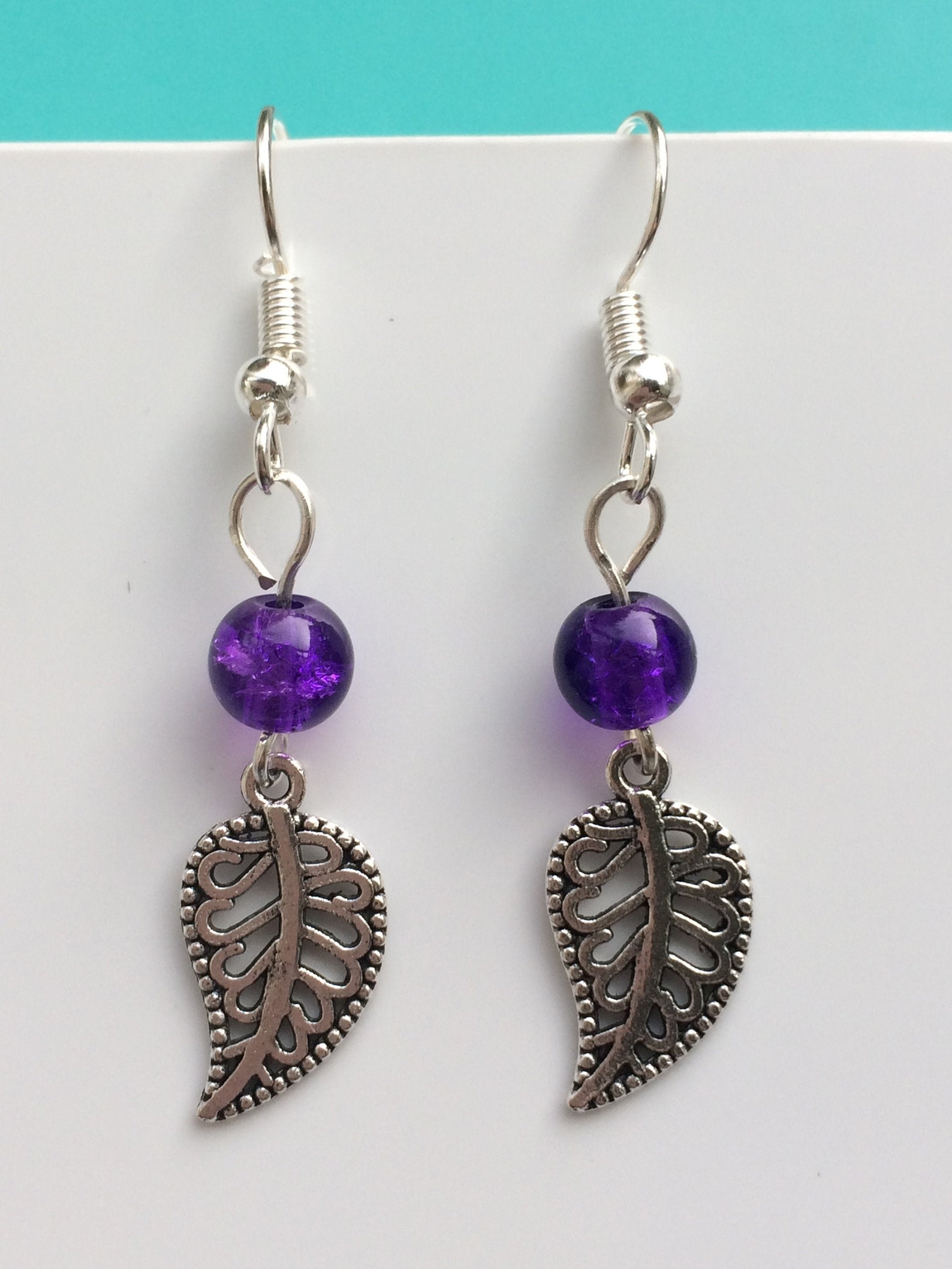 Leaf Earrings Silver Purple Drops Silver Leaf Earrings Etsy