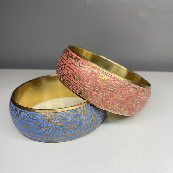 Vintage Brass Bangles Bracelets - Stacking Pair F… - image 2