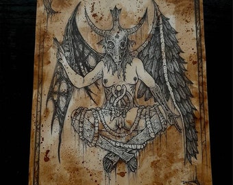 Vintage style Baphomet print. A4. Size, Traditionally illustrated and hand stained by the Zombie King of England