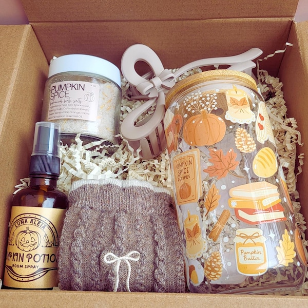 Cozy Fall Self-Care Gift Box With Glass Can, Autumn Care Package For Her, Pumpkin Spice Lover Gift, Fall Handmade Spa Gift Box