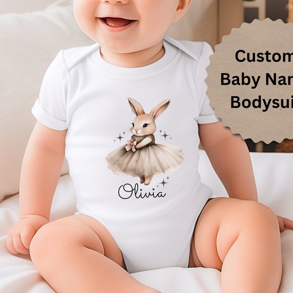 Cute Ballerina Custom Name Baby Bodysuit, Personalized Ballet Bunny Infant Shirt, Ballet Lover Gift, Ballerina Baby One Piece, Rabbit Lover