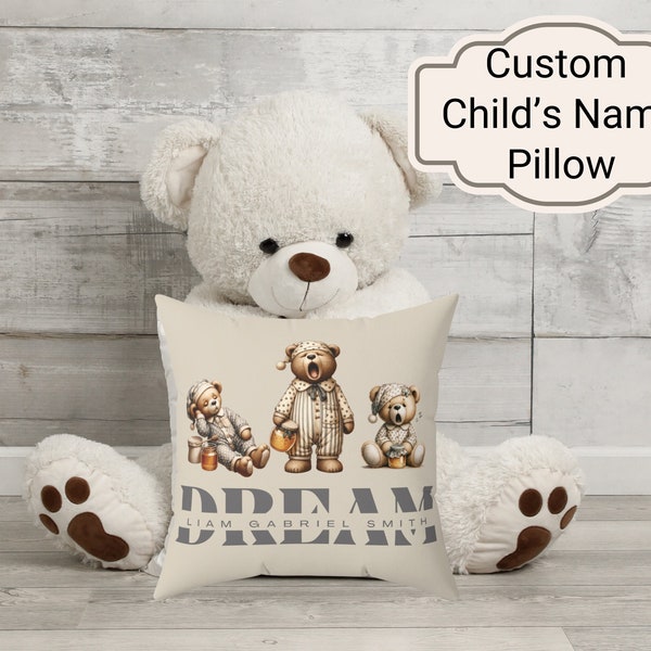 Personalized Baby Name Pillow, Custom Teddy Bear Pillow, Bear Lover Gift, Woodland Nursery Pillow, Baby Room Cushion, Gift For New Mom