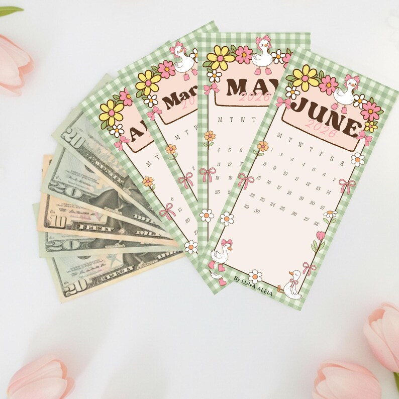 May include: A collection of calendar cards for March, May, and June 2026, featuring a green gingham border and floral and duck illustrations. The cards are fanned out next to a stack of U.S. currency. The text "By LUNA ALEIA" is visible.