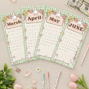 May include: Four decorative calendars for March, April, May, and June 2020, with a green gingham border. Each calendar features a floral and duck design. Pens and flowers are scattered around the calendars.