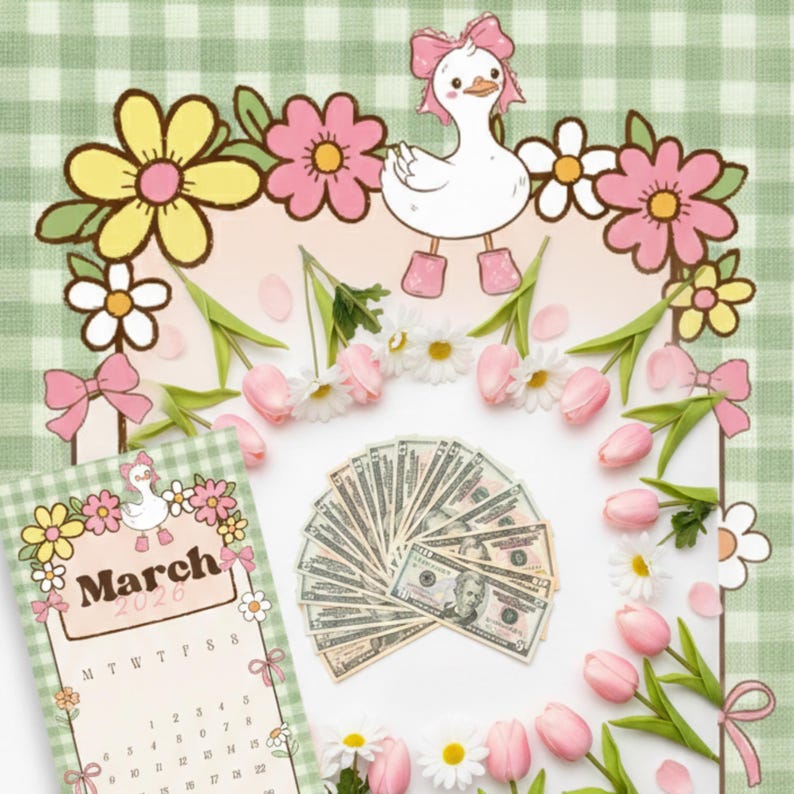 May include: A whimsical illustration featuring a cartoon duck with a pink bow, surrounded by flowers and a calendar labeled "March 2020." A fan of US dollar bills is also present, creating a cheerful, spring-themed composition.