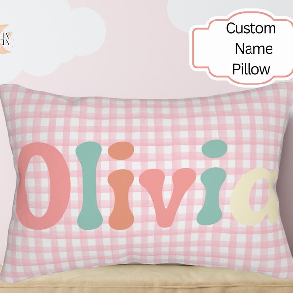 Custom Pink Gingham Girl Name Pillow, Personalized Baby Pillow, Girl Nursery Pillow, Tween Girl Gift, Teen Girl Name Gift, Play Room Pillow
