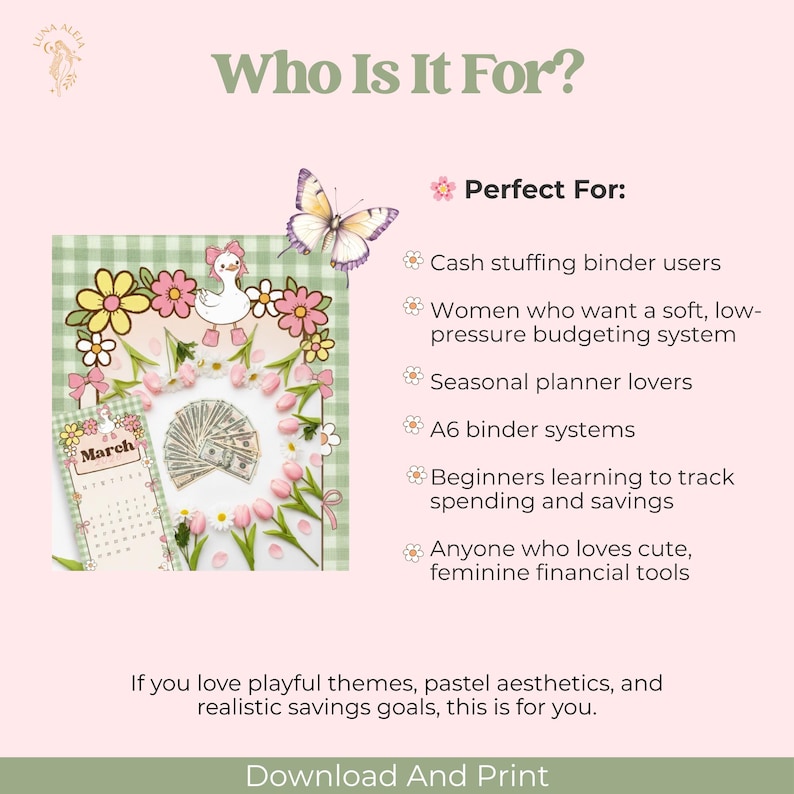 May include: A digital download graphic with a pastel theme. The design includes a calendar, flowers, a butterfly, and a duck. Text includes "Who Is It For?" and "Download And Print."