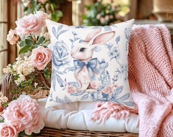Blue Chinoiserie Easter Bunny Pillow, Blue Toile Bunny Throw Pillow, Floral Rabbit Cushion, Grand Millennial Spring Decor