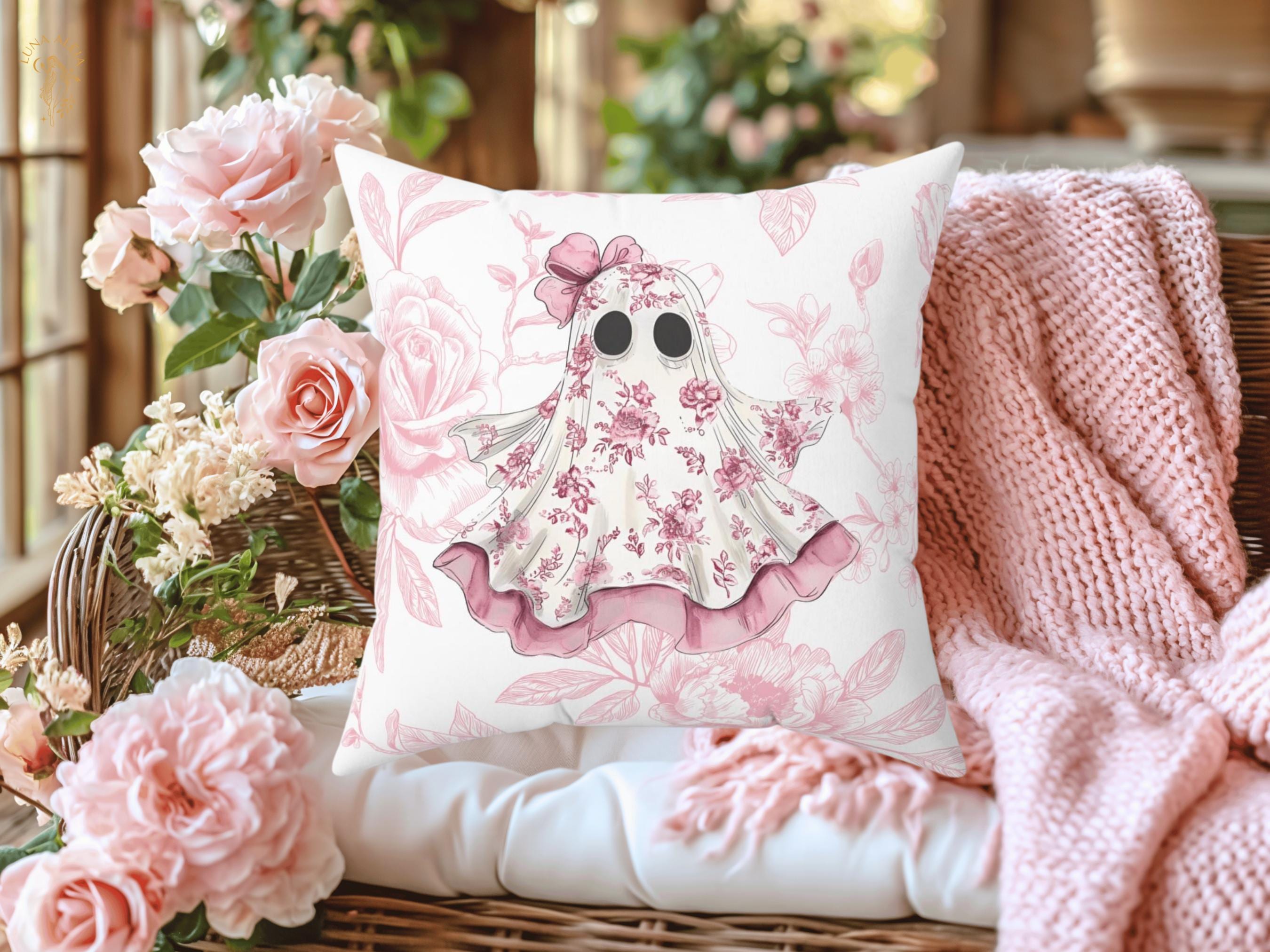 Pink Toile Ghost pillow, Cute Floral Ghost Cottagecore Cushion, Spooky Season Fall Decor, Book Crew Halloween Pillow, French Toile Mom Gift