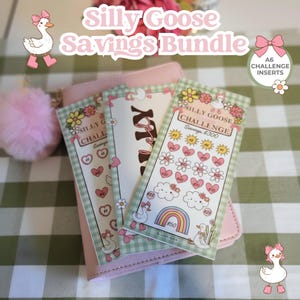 May include: A pink savings bundle featuring "Silly Goose" theme. The bundle includes A6 challenge inserts with illustrations of flowers, hearts, and a rainbow. The inserts are placed on top of a pink wallet, with a pink pom-pom and a cartoon goose with a bow.