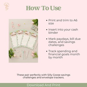 May include: A pink and green printable planner with the months March, April, May, and June. The planner has a floral design and is intended to be printed and trimmed to A6 size. The text "How To Use" and "Download And Print" are also visible.