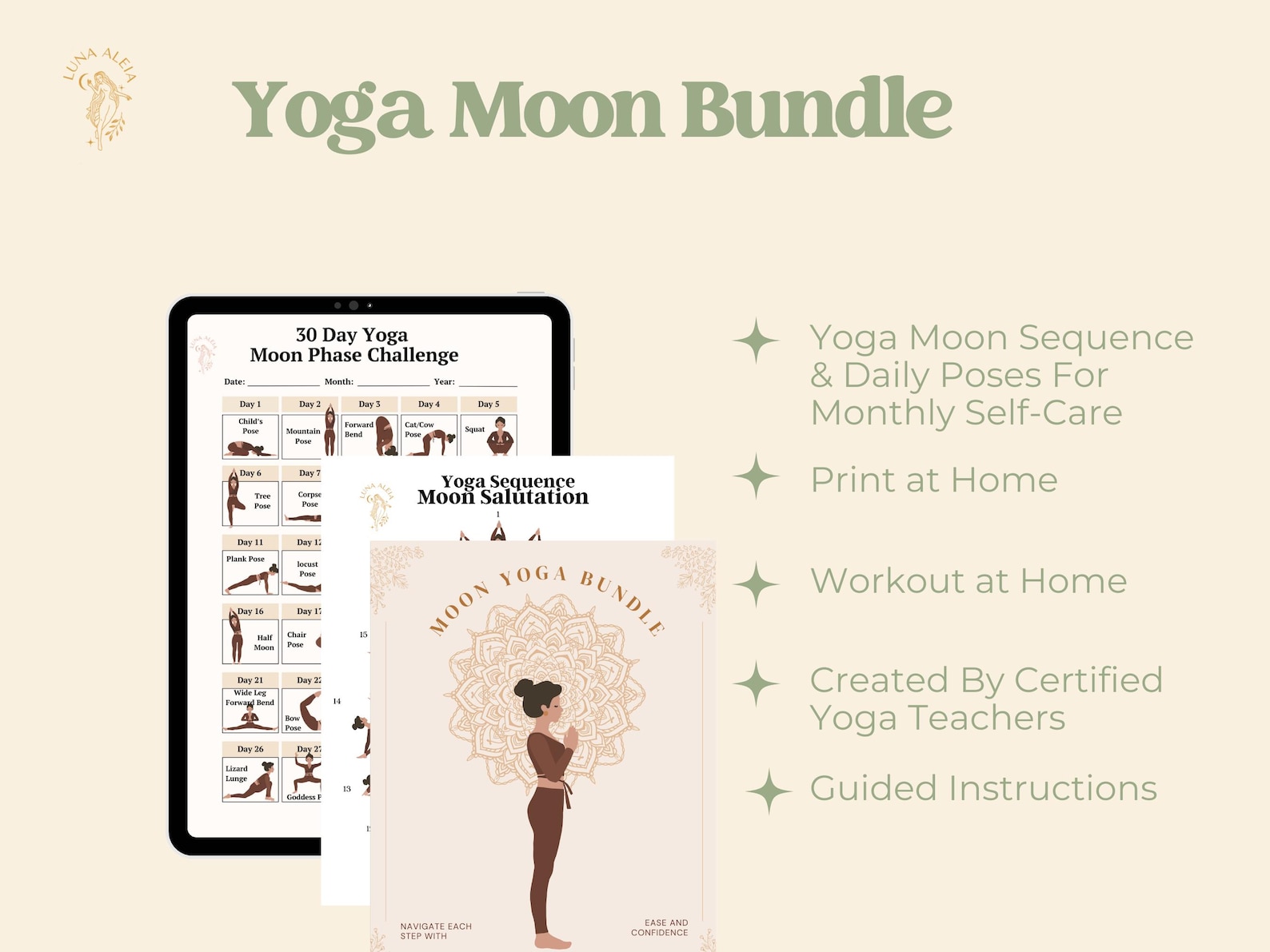 Yoga Bundle PDF Guide, Moon Yoga Sequence and 30 Day Challenge for