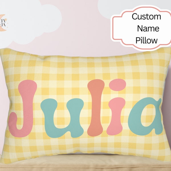 Personalized Girl Name Pillow, Custom Yellow Gingham Pillow, Baby Girl Nursery Pillow, Tween Girl Gift, Teen Girl Name Gift, Kids Play Room