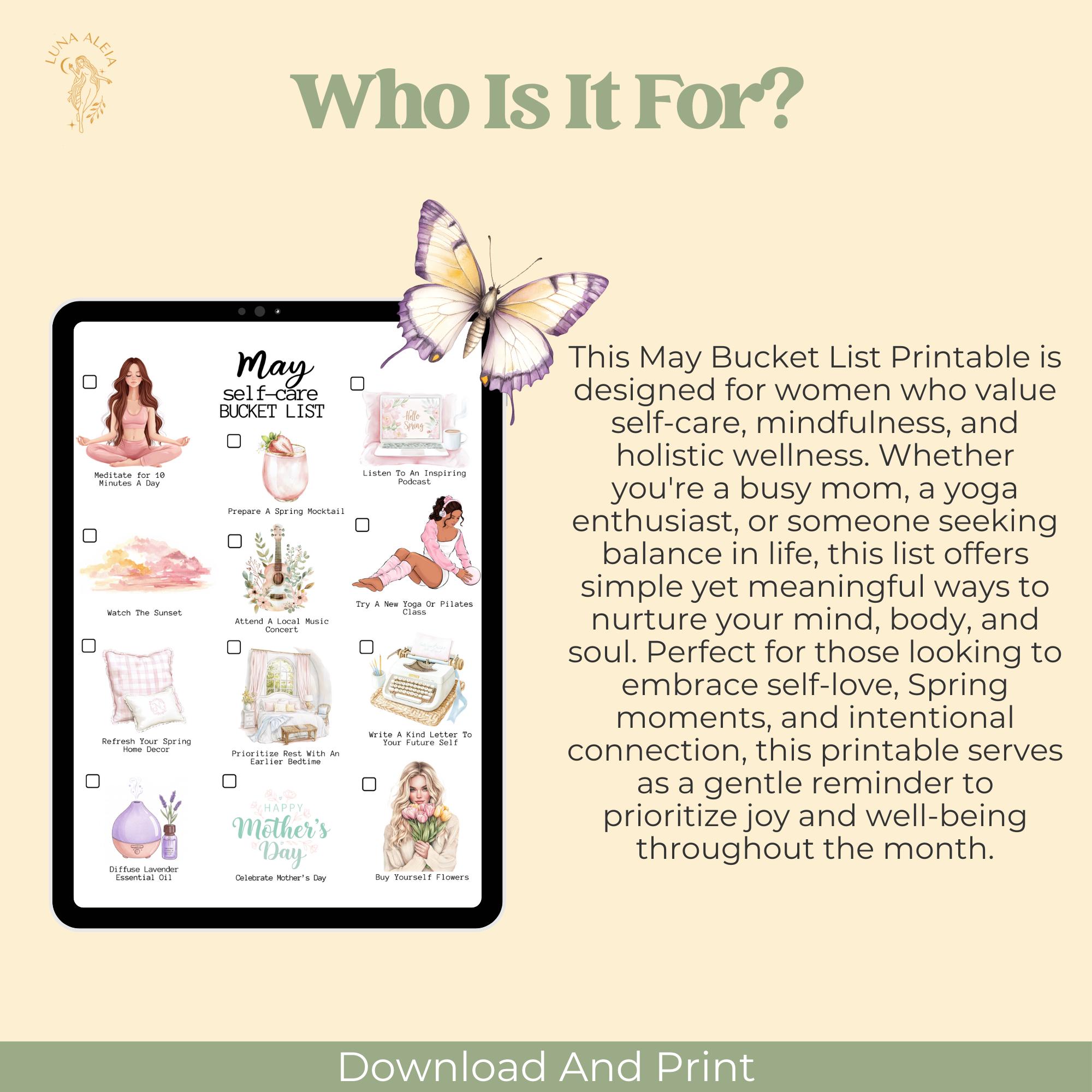 Printable May Bucket List, Spring Self-care Checklist, Seasonal Journal ...