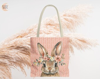 Boho Floral Bunny Tote Bag, Rabbit Lover Gift, Trendy Spring Shoulder Bag, Double sided Print Tote, Spring Flower Tote Bag