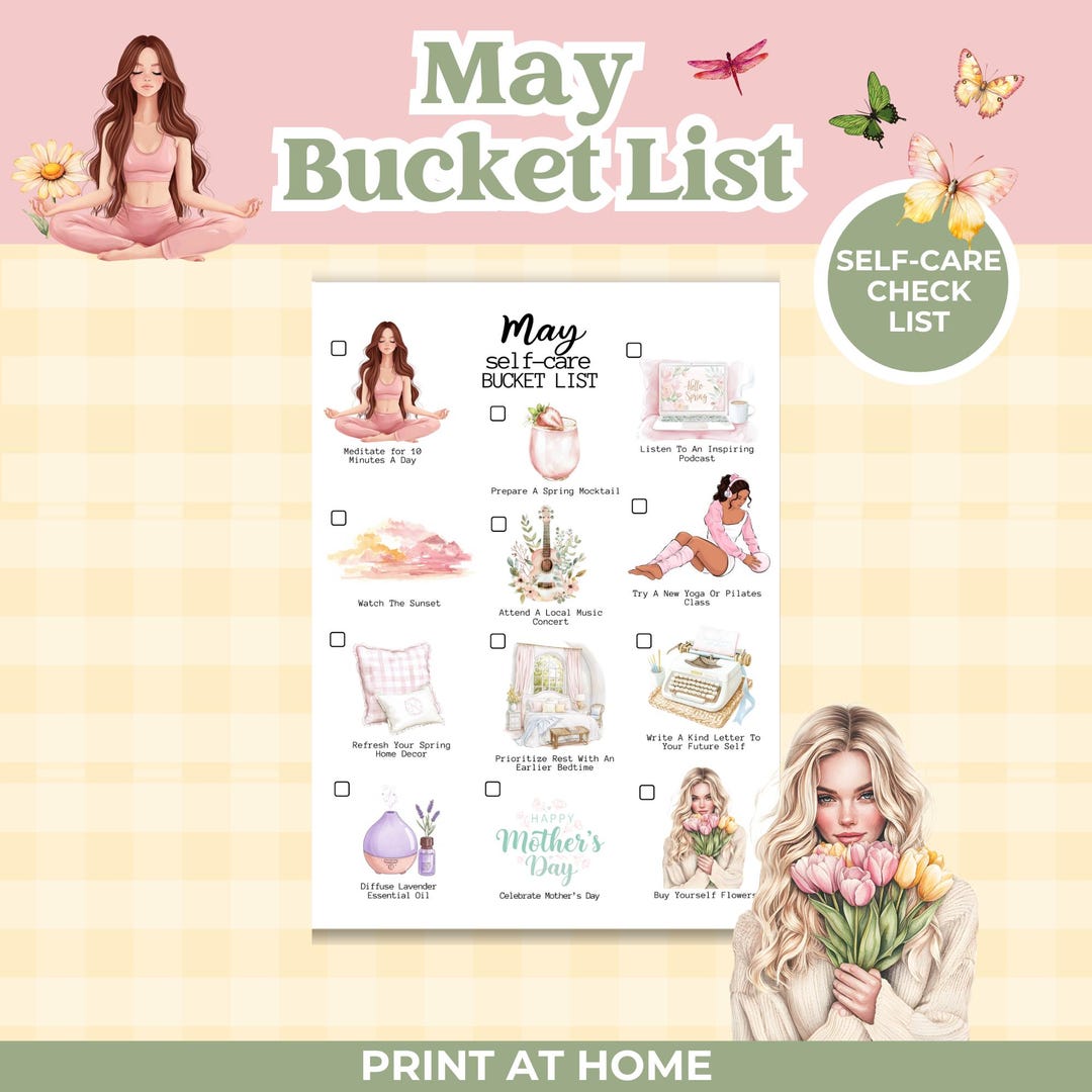 Printable May Bucket List, Spring Self-care Checklist, Seasonal Journal ...